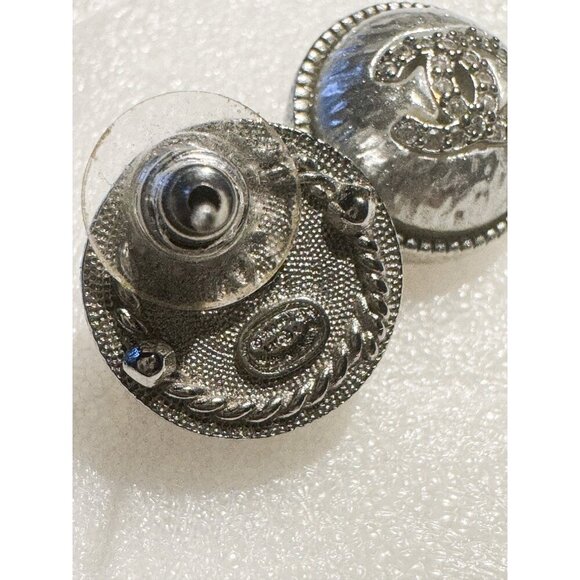 Vintage Chanel Silvertone Rhinestone Dome Shaped Double CC Pierced Earrings - Picture 5 of 7